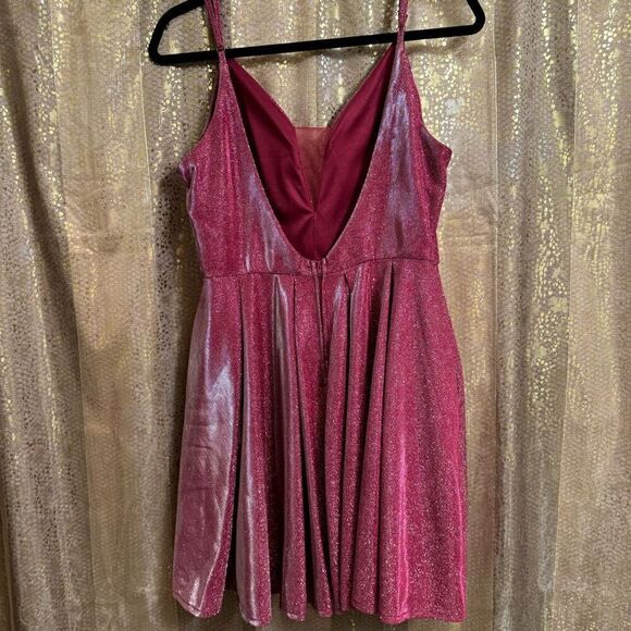 B.Darlin Pink Sparkly Glitter Fit And Flare Pocketed Mini Dress Large - Picture 2 of 8